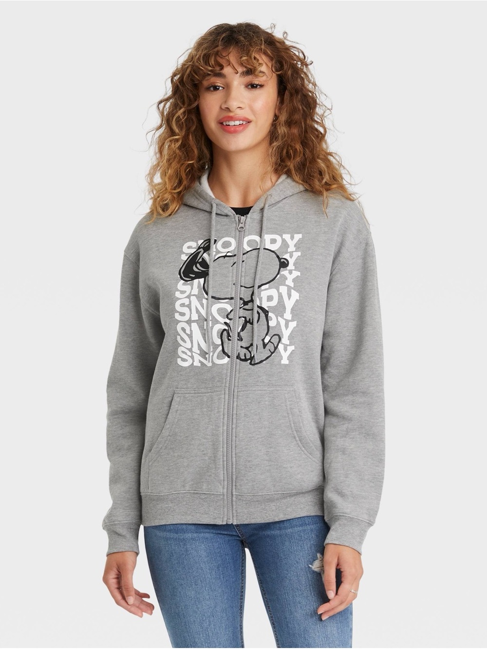 Peanuts Women's Snoopy Zip-Up Hooded Graphic Sweatshirt in Heather Gray Size XXL